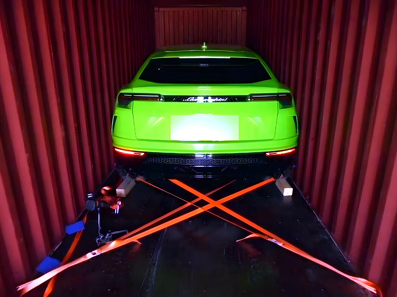 Lamborghini Urus secured in a container
